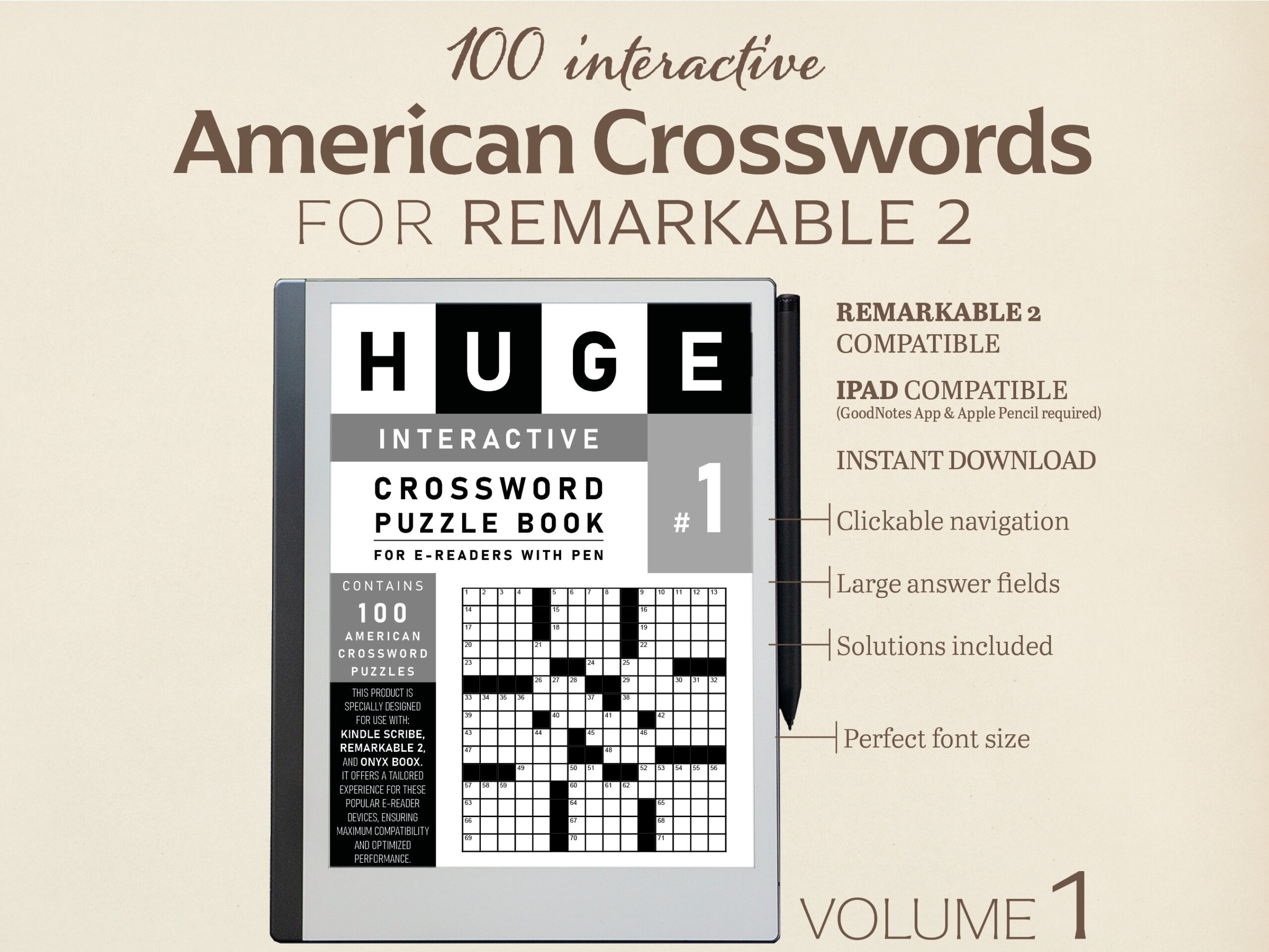 100 American Crosswords For Remarkable 2 Volume 1 Interactive Puzzle Tailored To Goodnotes 5 On IPad Hyperlinked Etsy