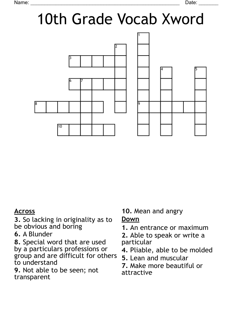 10th Grade Vocab Xword Crossword WordMint