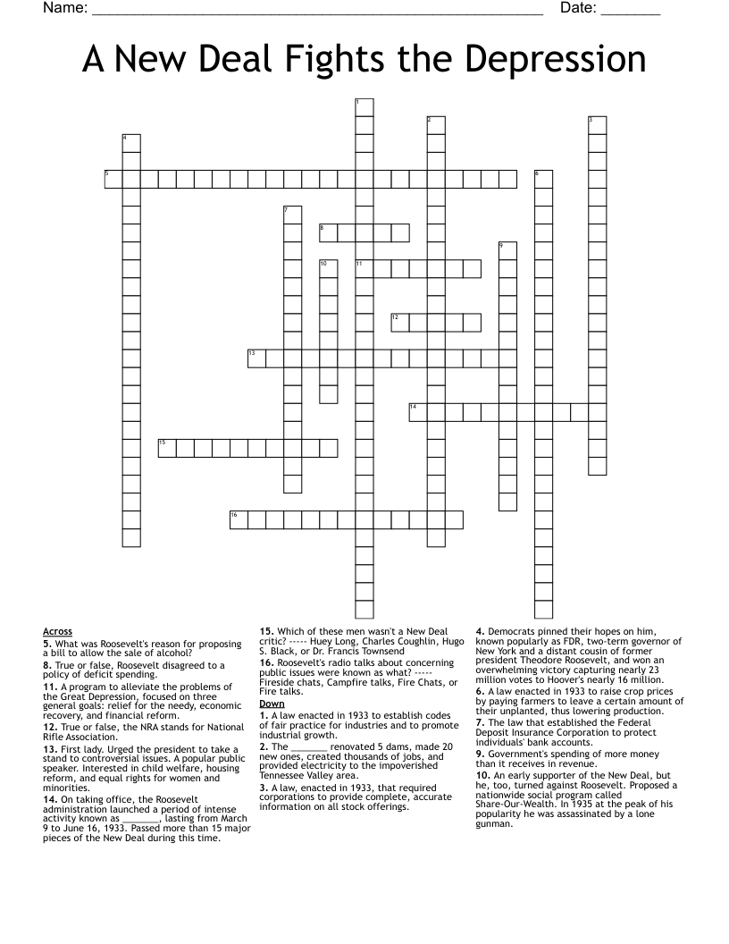 A New Deal Fights The Depression Crossword WordMint