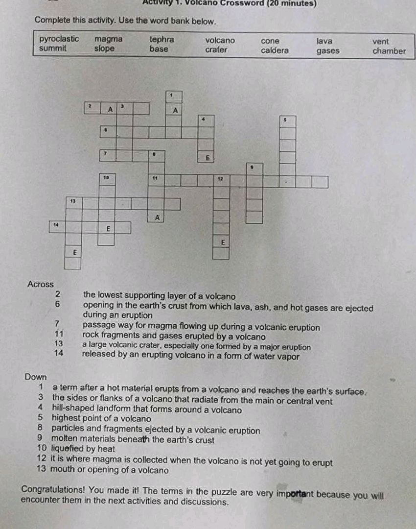 Activity 1 Volcano Crossword 20 Minutes StudyX
