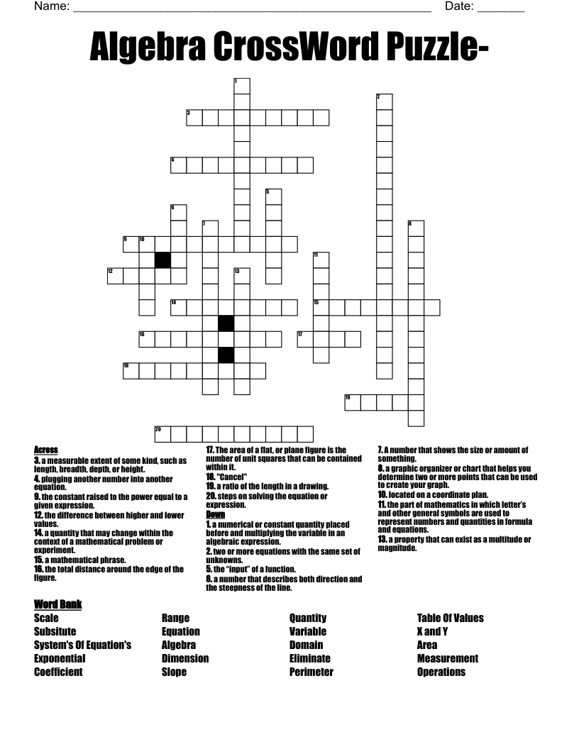 Algebra CrossWord Puzzle WordMint