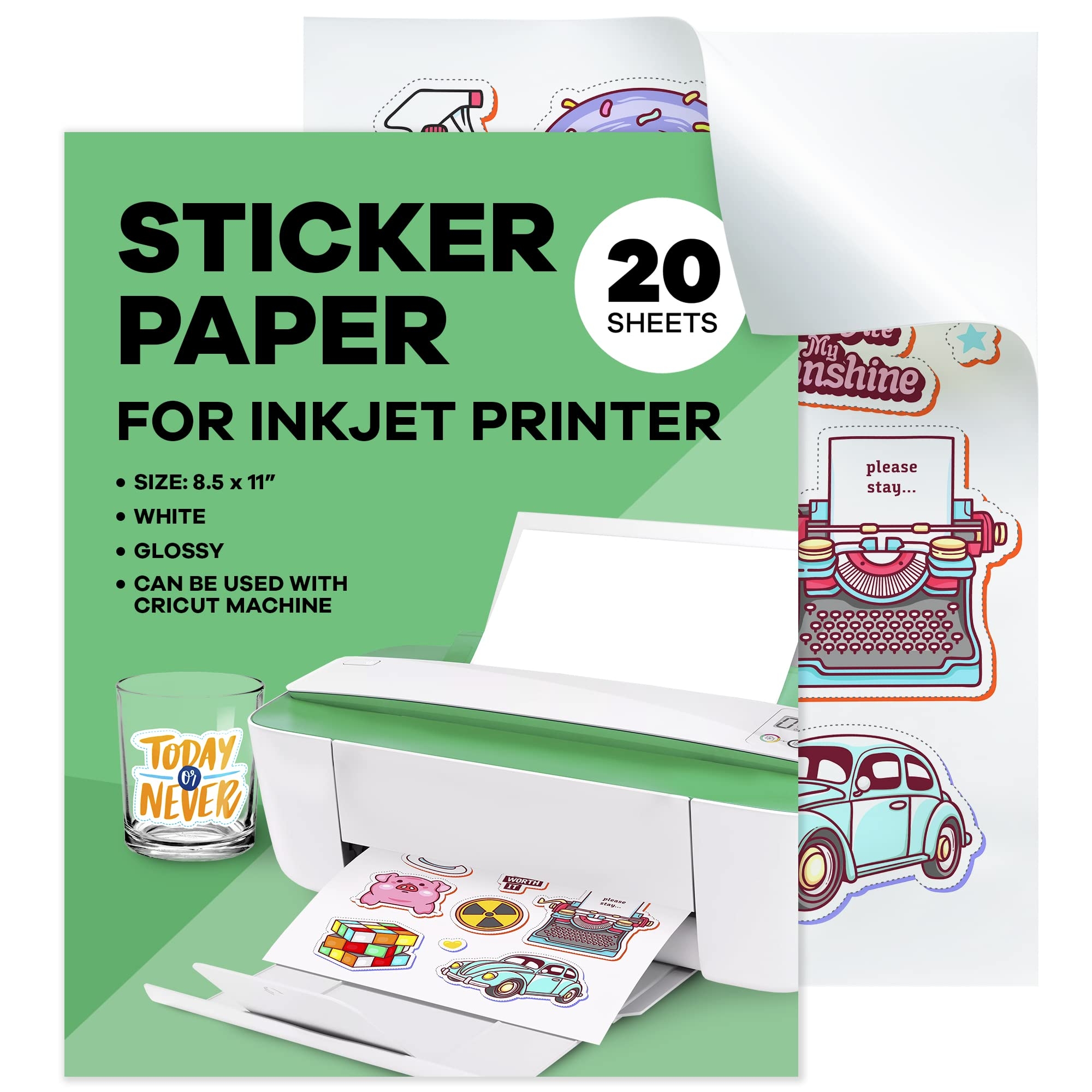 Amazon Sticker Paper For Inkjet Printer 20 Sheets 8 5 X 11 Letter Size Glossy White Vinyl Sticker Paper Water Resistant Easy To Use Perfect For Fun And Creative Projects