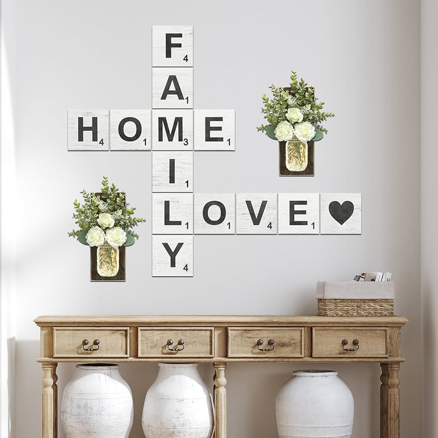 Amazon TenXVI Designs Rustic Crossword Farmhouse Wall Hanging Modern Large Living Room Family Signs For Home Love Country Decor Wood 5 x5 Home Kitchen