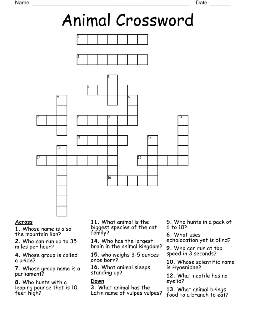 Animal Crossword WordMint