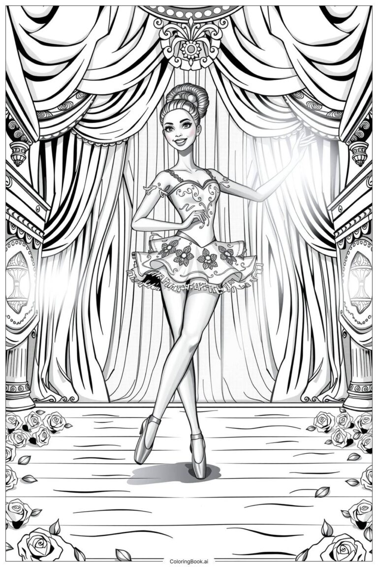 Barbie Ballerina Dancing On Stage Coloring Page Free PDF PNG Printable 