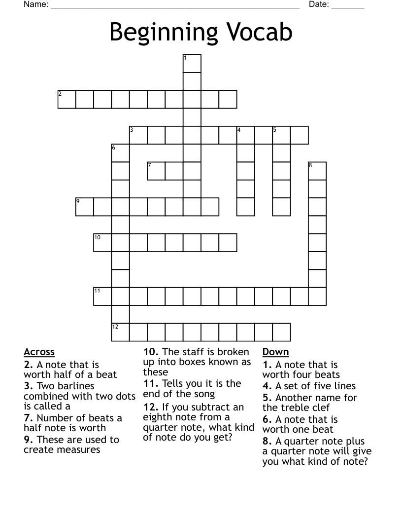Beginning Vocab Crossword WordMint