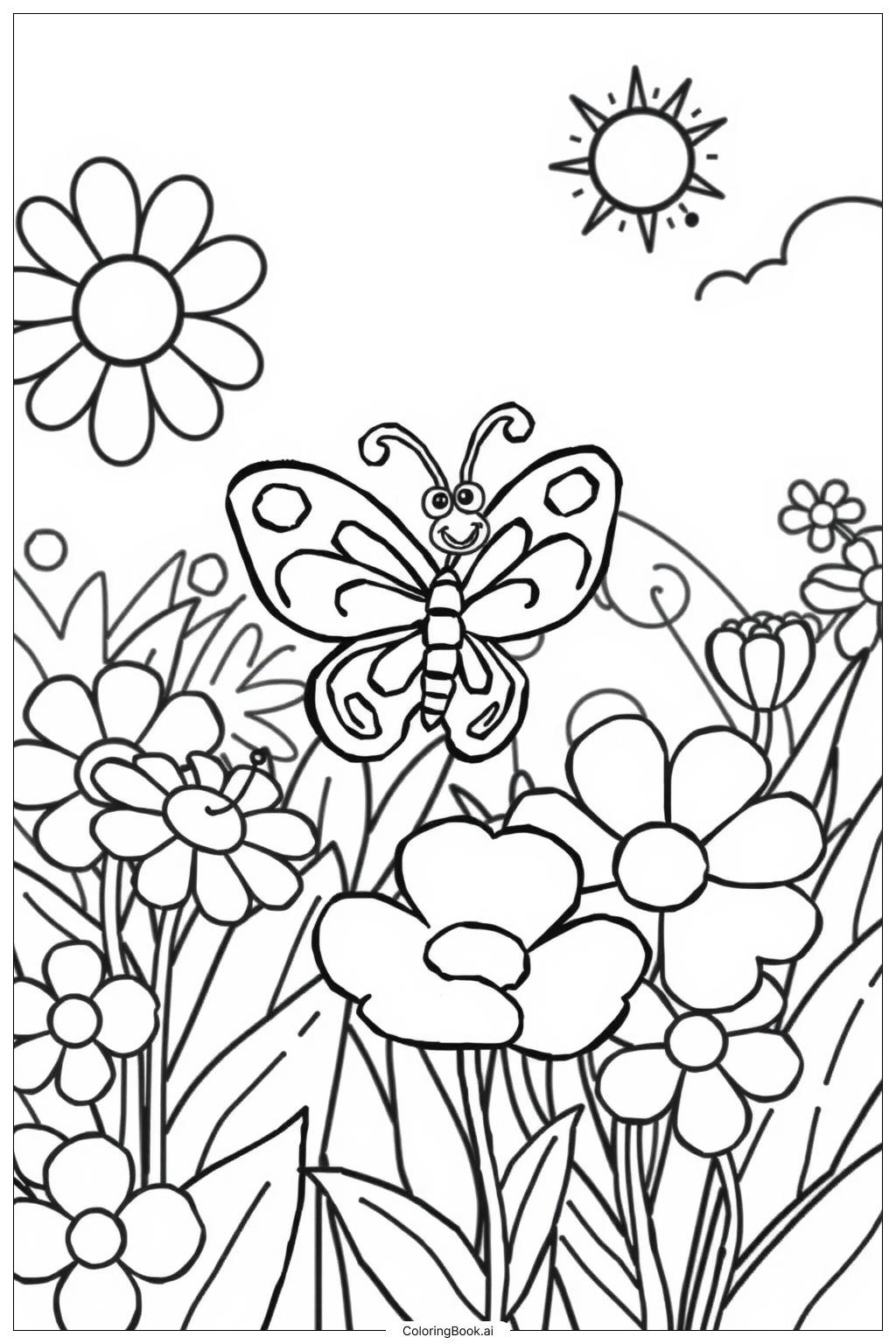 Butterfly Garden Flowers Coloring Page Free PDF PNG Printable 