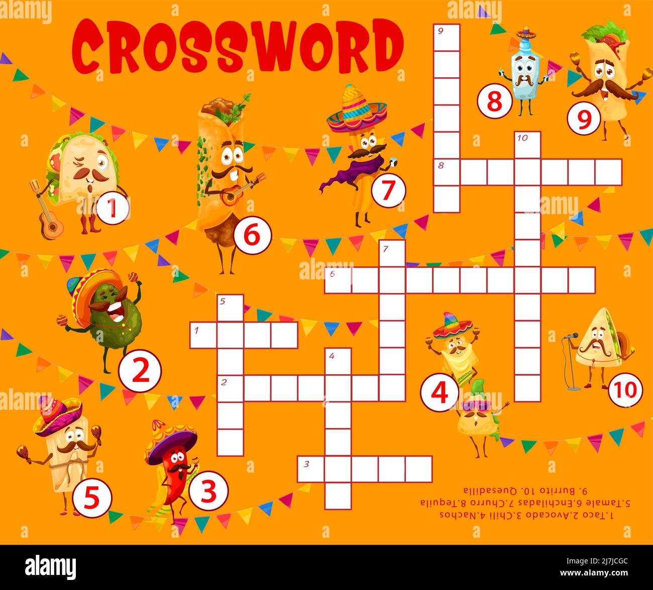 Cartoon Mexican Tex Mex Food Characters Crossword Puzzle Grid Worksheet Find A Word Quiz Game Vector Riddle With Funny Taco Avocado Chili And Enchiladas Churro Tequila Burrito And Quesadilla Stock Vector Image