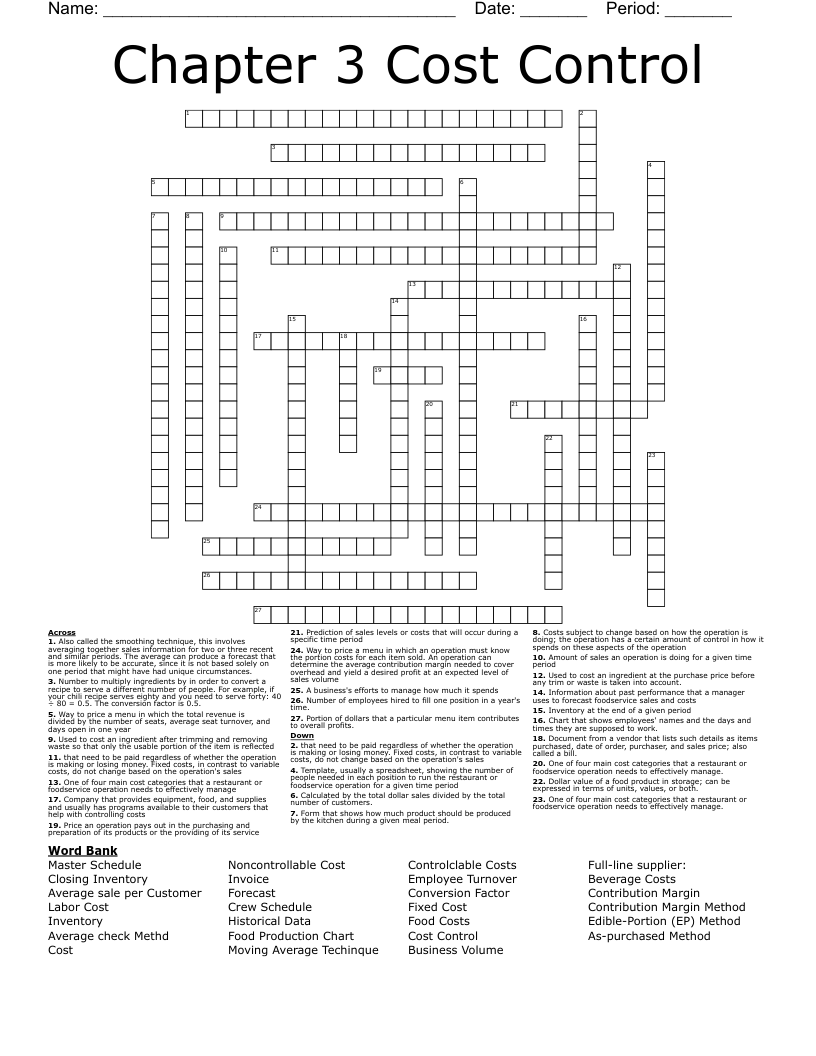 Chapter 3 Cost Control Crossword WordMint