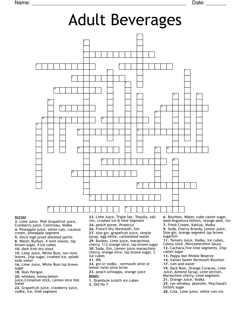 Classic Cocktails Crossword WordMint
