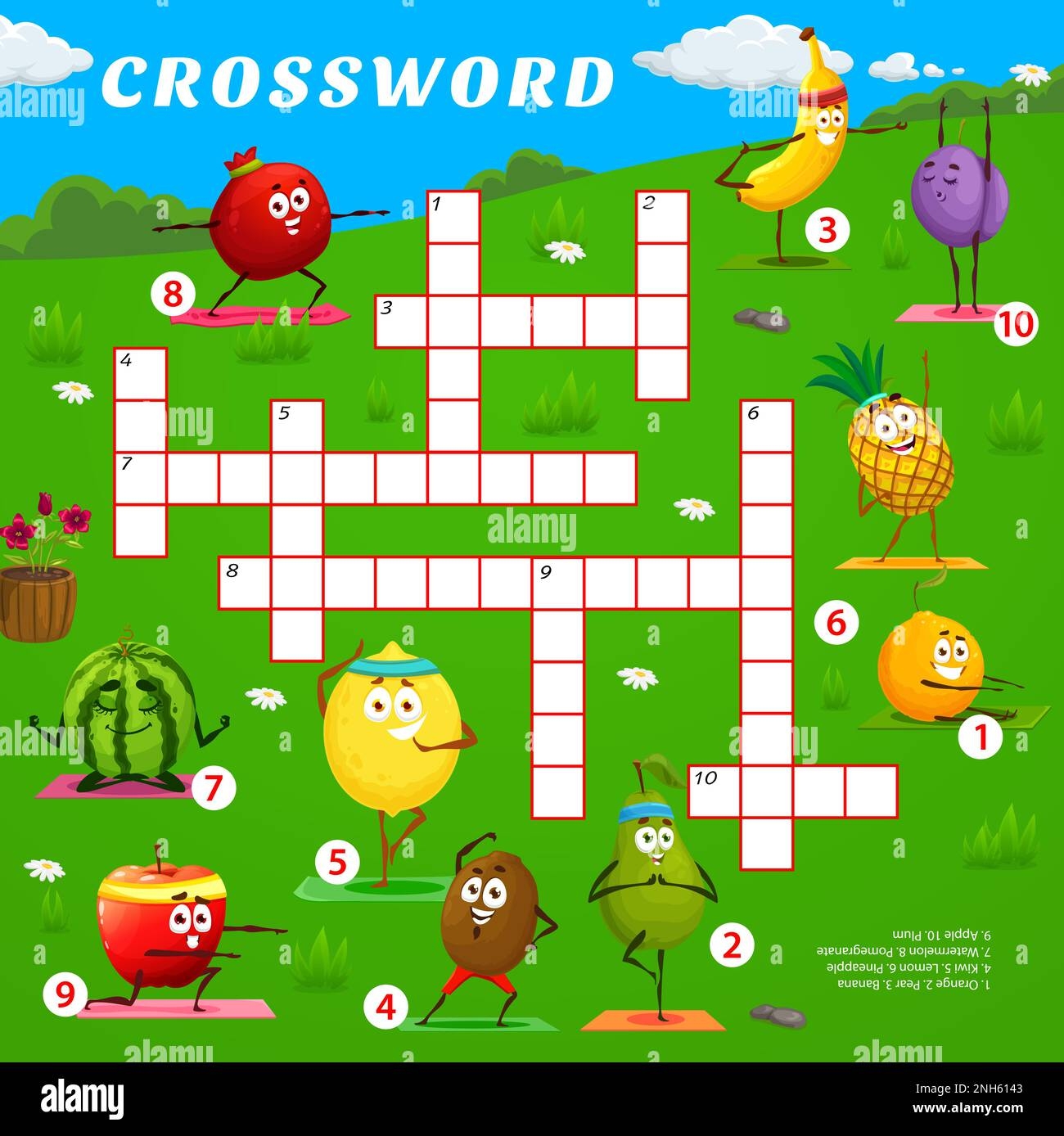 Crossword Quiz Game Cartoon Fruit Characters On Yoga Fitness Crossword Word Search Vector Puzzle Or Quiz With Orange Pear Banana And Kiwi Lemon Stock Vector Image Art Alamy