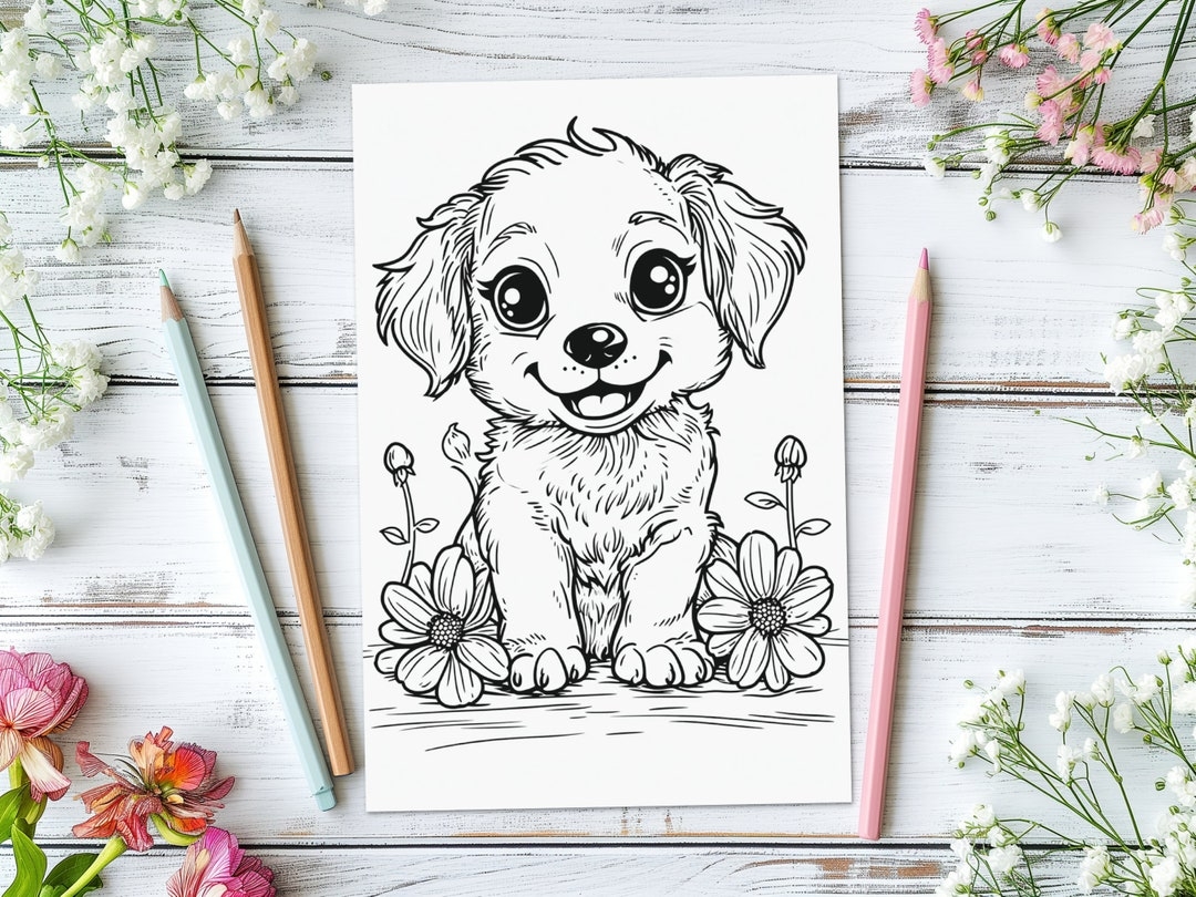 Dog Coloring Page Kids Coloring Sheet Of Pet Golden Retriever Dog Breed Cute Puppy Activity For Children Kids Coloring Page Gift For Girls Etsy
