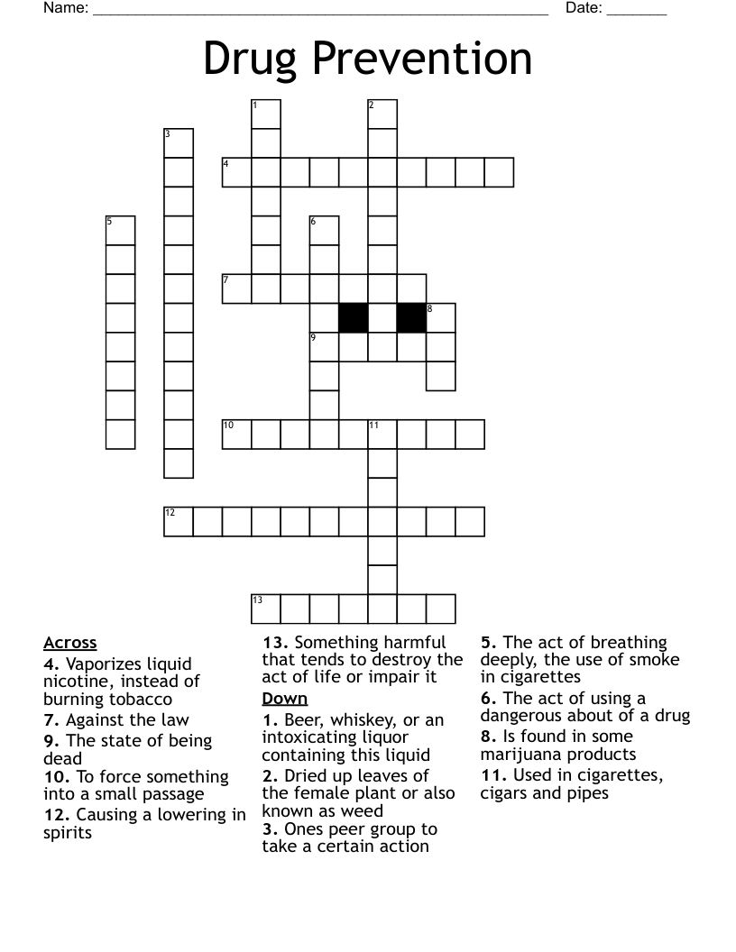 Drug Prevention Crossword WordMint
