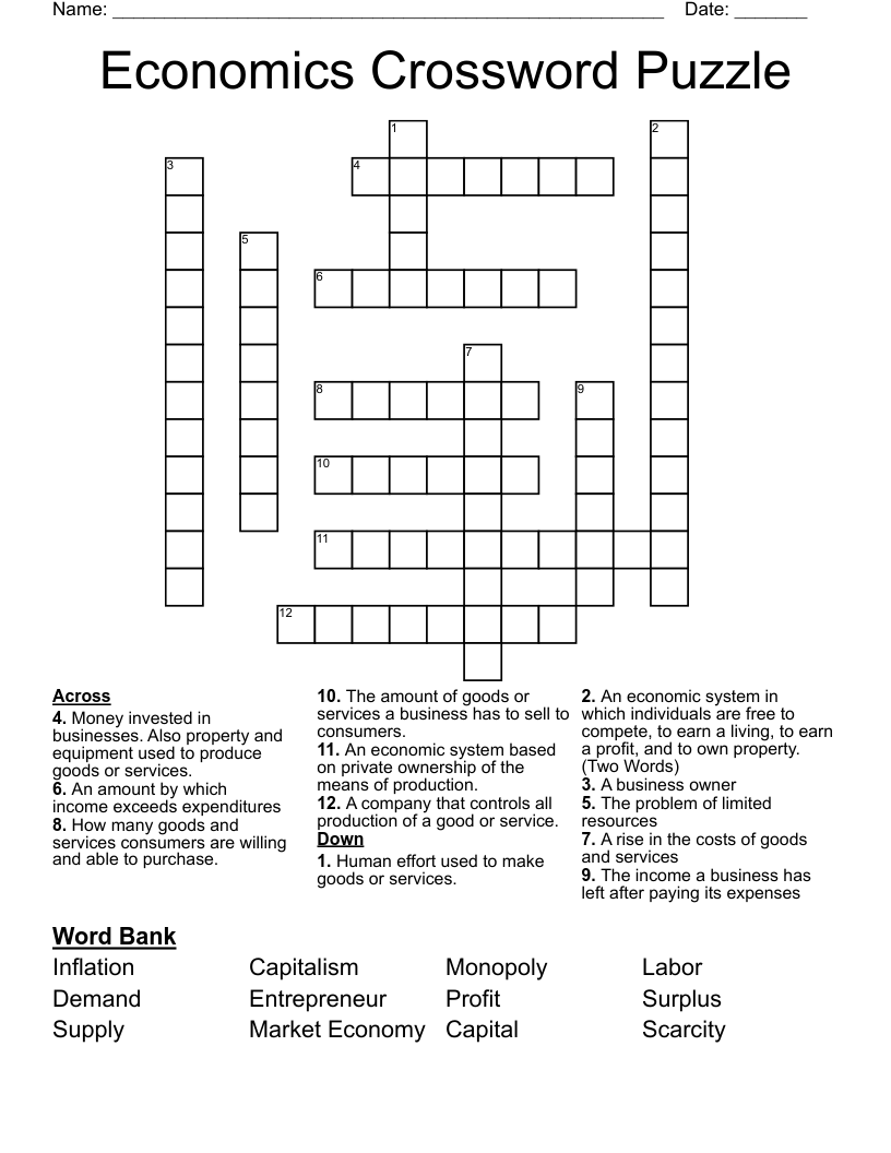 Economics Crossword Puzzle WordMint Economics Crossword Puzzle WordMint