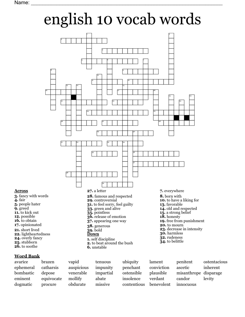 English 10 Vocab Words Crossword WordMint