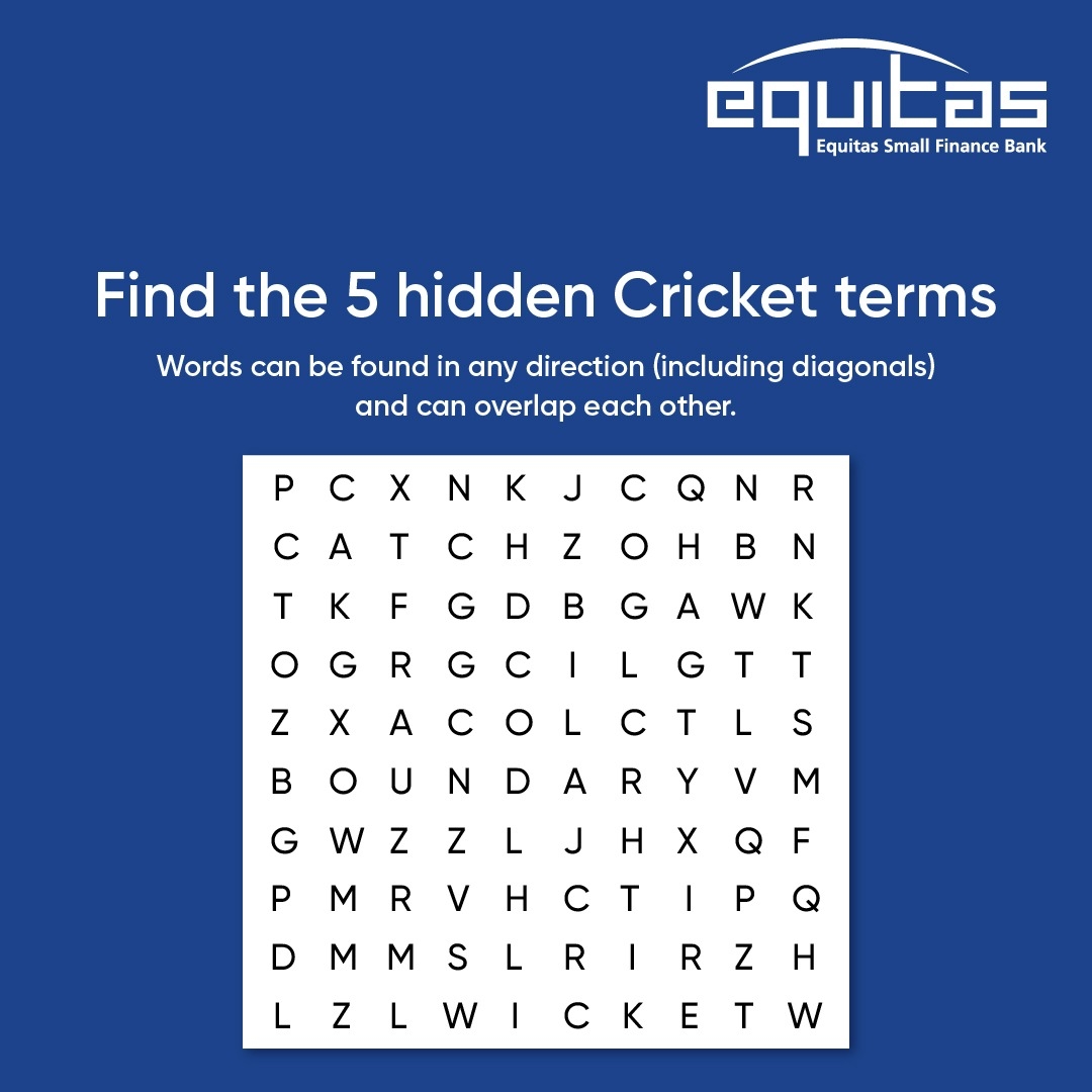 EquitasBank On X Crack The Code And Test Your Cricket Knowledge With This Crossword Puzzle How Many Terms Can You Find Equitas equitasbank bankbehindchampions BeyondBanking cricketseason crossword puzzle hiddenwords hiddenterms Https t 