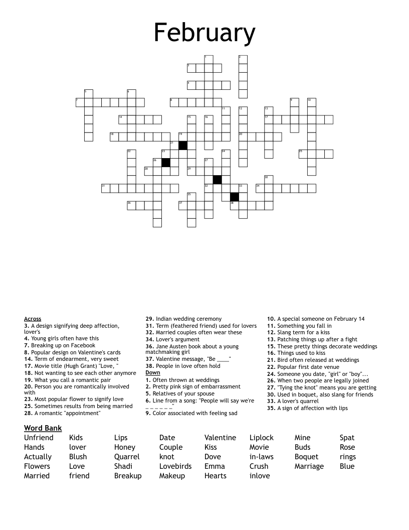 February Crossword WordMint