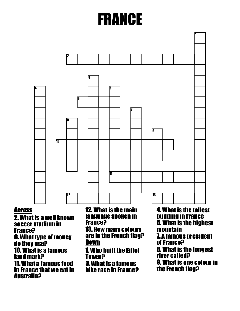 FRANCE Crossword WordMint FRANCE Crossword WordMint