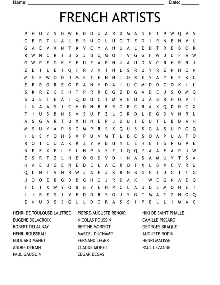 FRENCH ARTISTS Word Search WordMint
