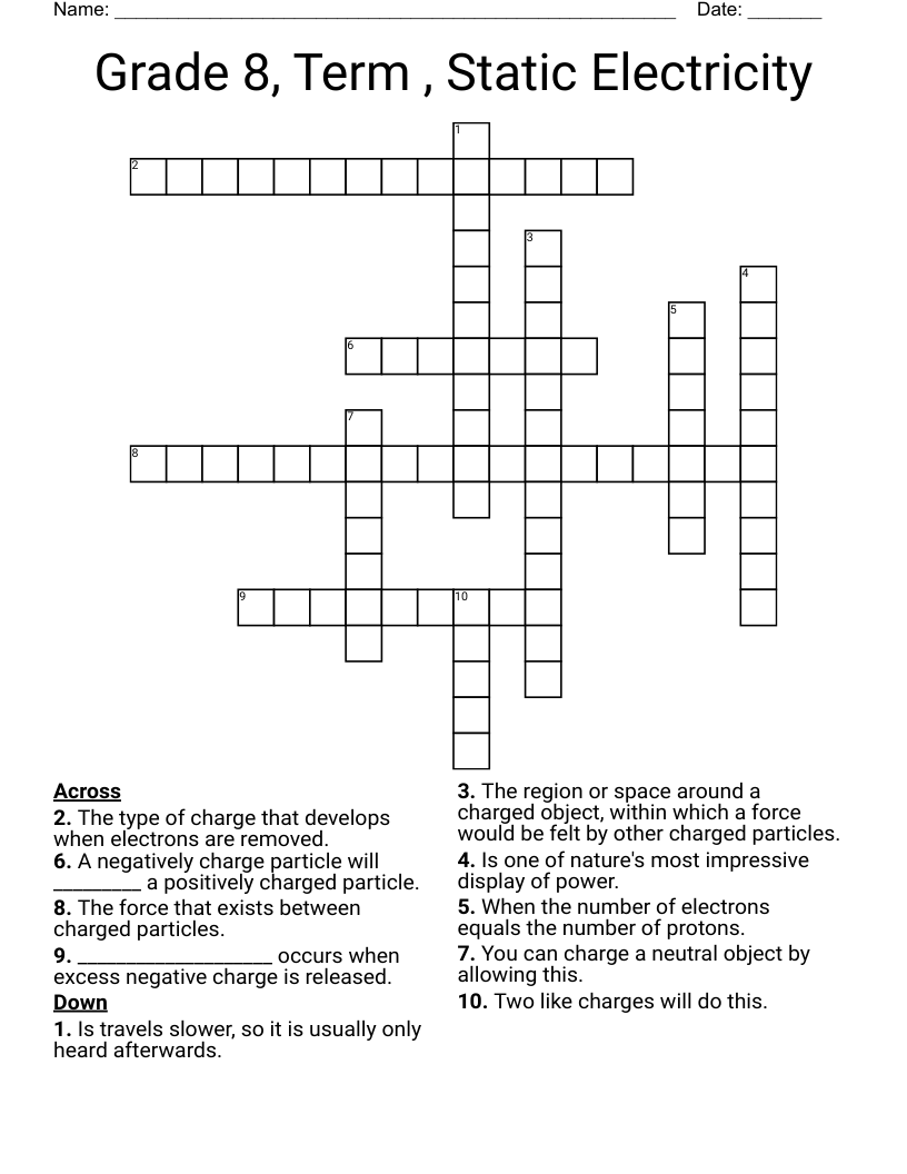 Grade 8 Term Static Electricity Crossword WordMint