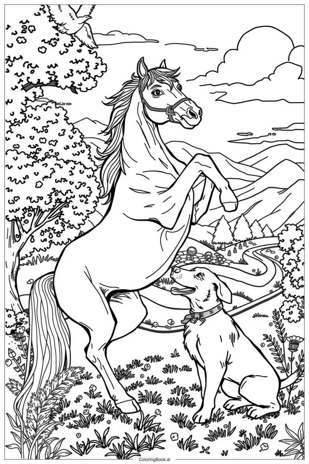 Horse And Dog Playing Together Coloring Page Free PDF PNG Printable  Horse And Dog Playing Together Coloring Page Free PDF PNG Printable