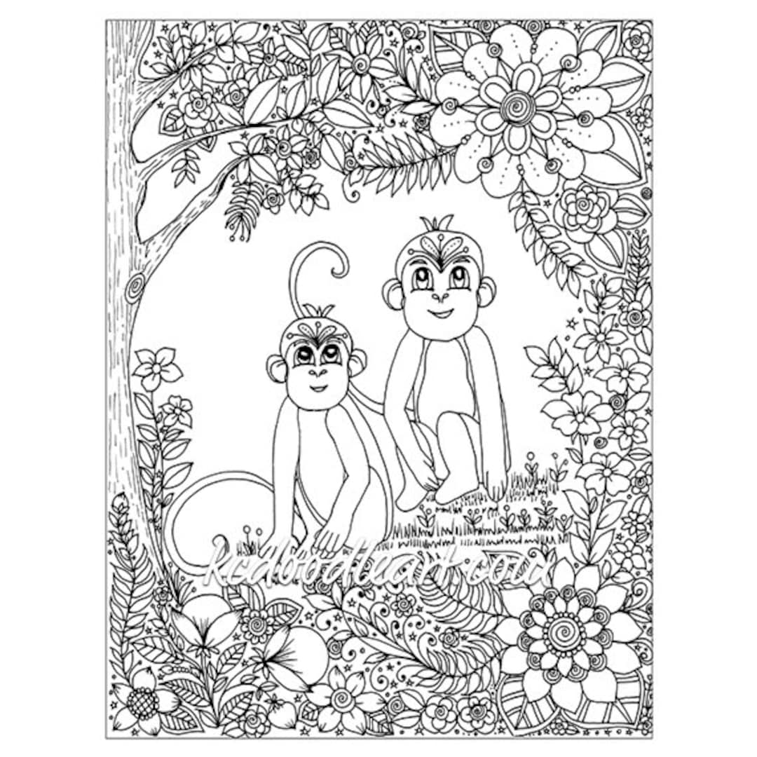 Instant Digital Download Adult Coloring Page Monkeys Etsy Instant Digital Download Adult Coloring Page Monkeys Etsy