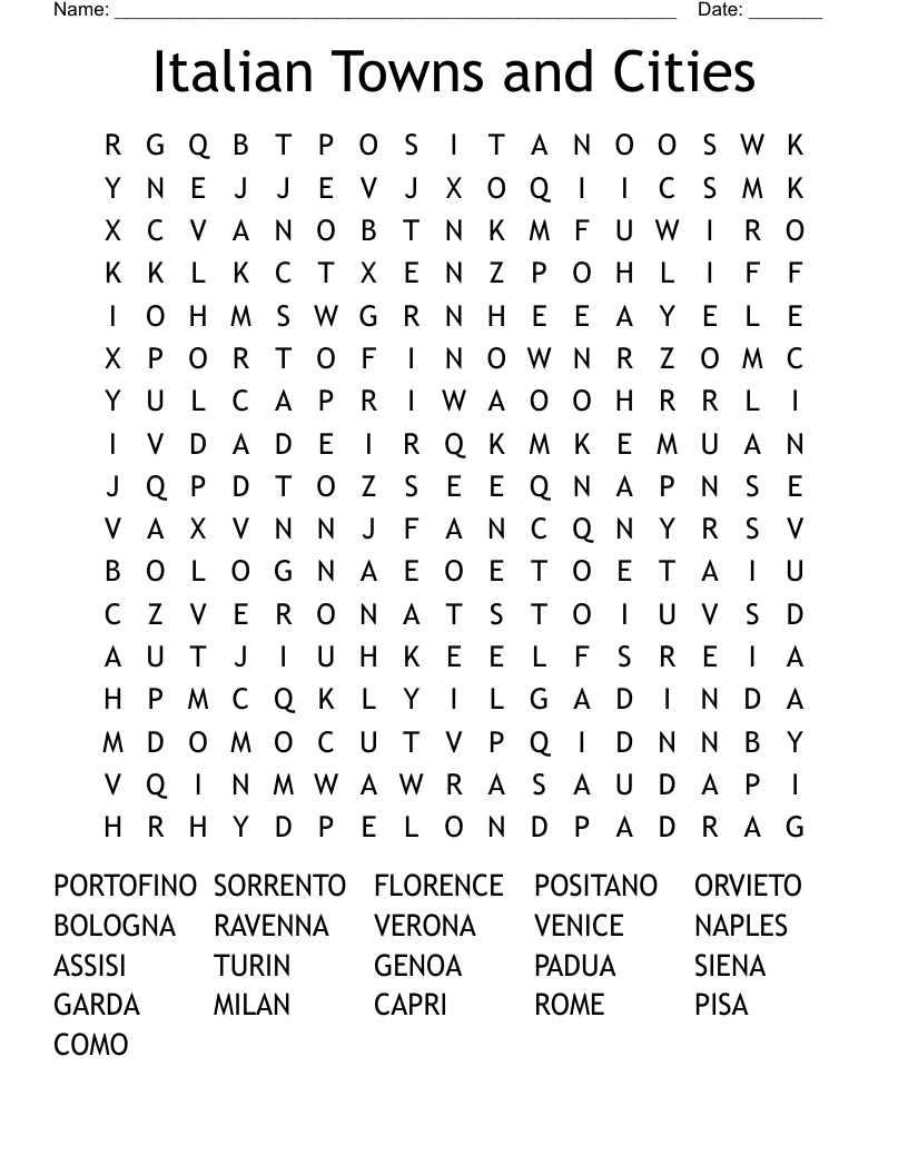 Italian Cities Word Search WordMint