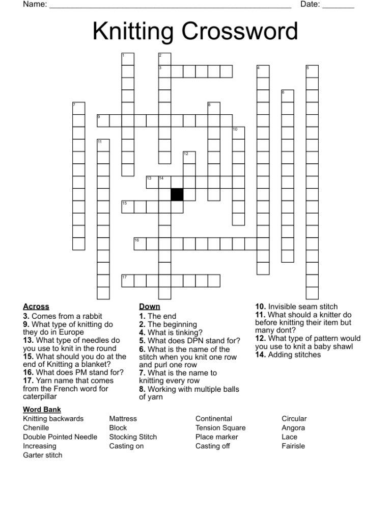 Knitting Crossword WordMint