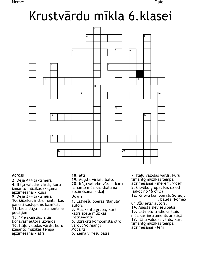 Krustv rdu M kla 6 klasei Crossword WordMint