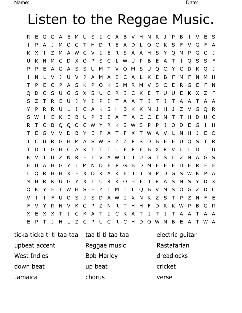 Listen To The Reggae Music Word Search WordMint