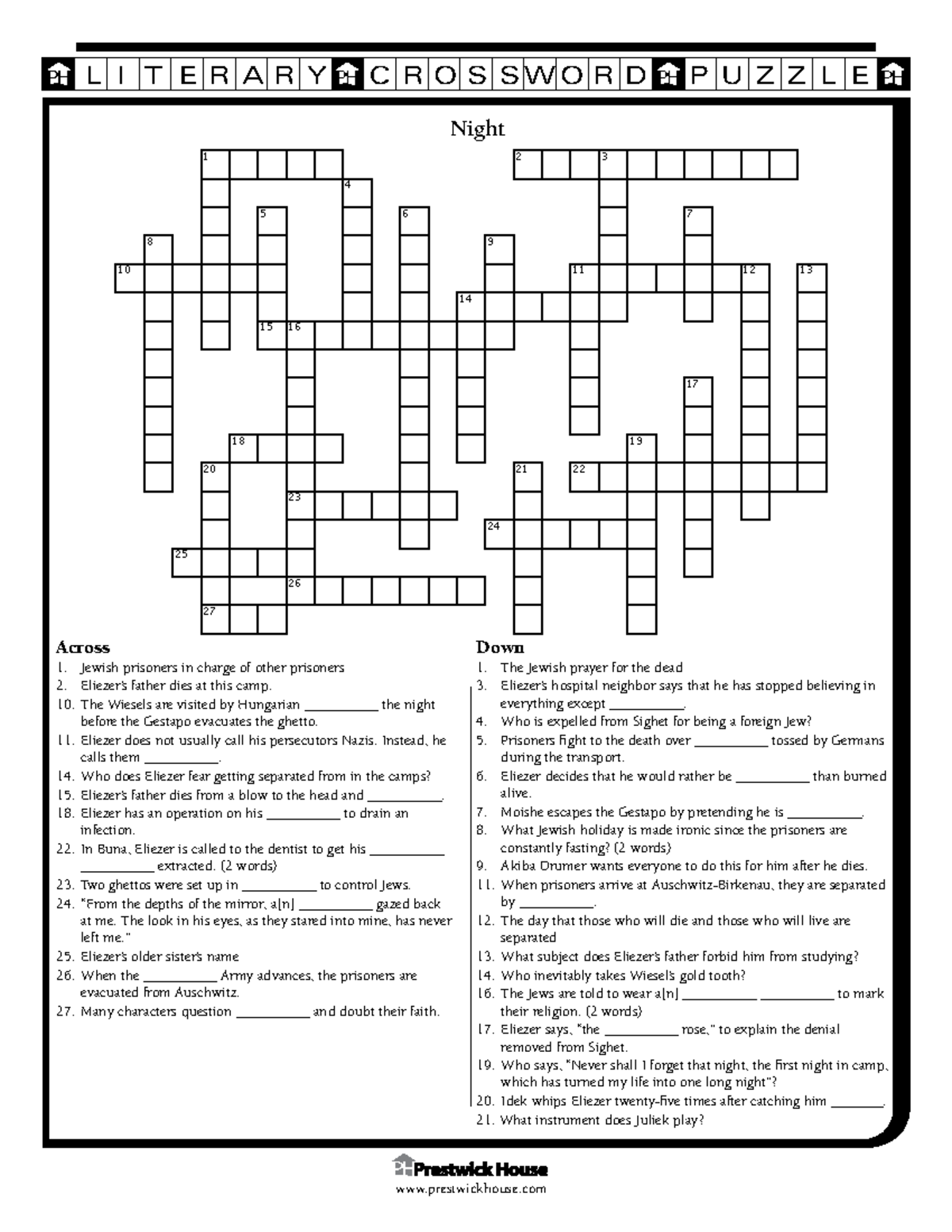 Literary Crossword Puzzle On Elie Wiesel s Night Theme Studocu