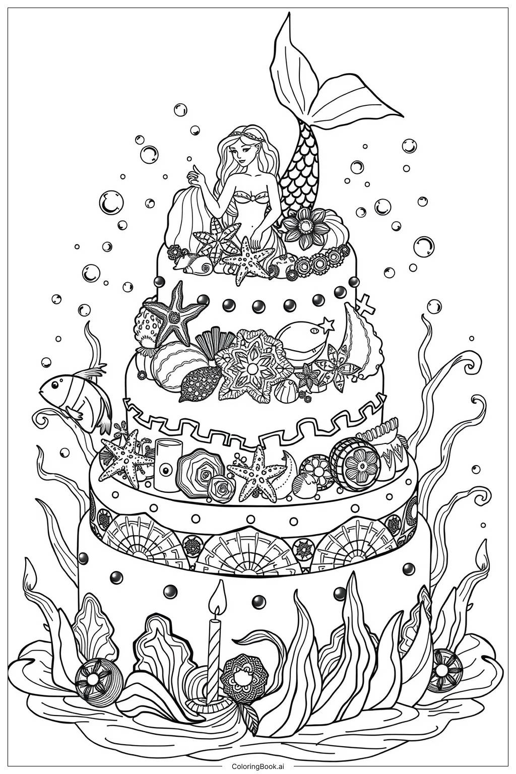 Mermaid Birthday Cake Coloring Page Free PDF PNG Printable  Mermaid Birthday Cake Coloring Page Free PDF PNG Printable