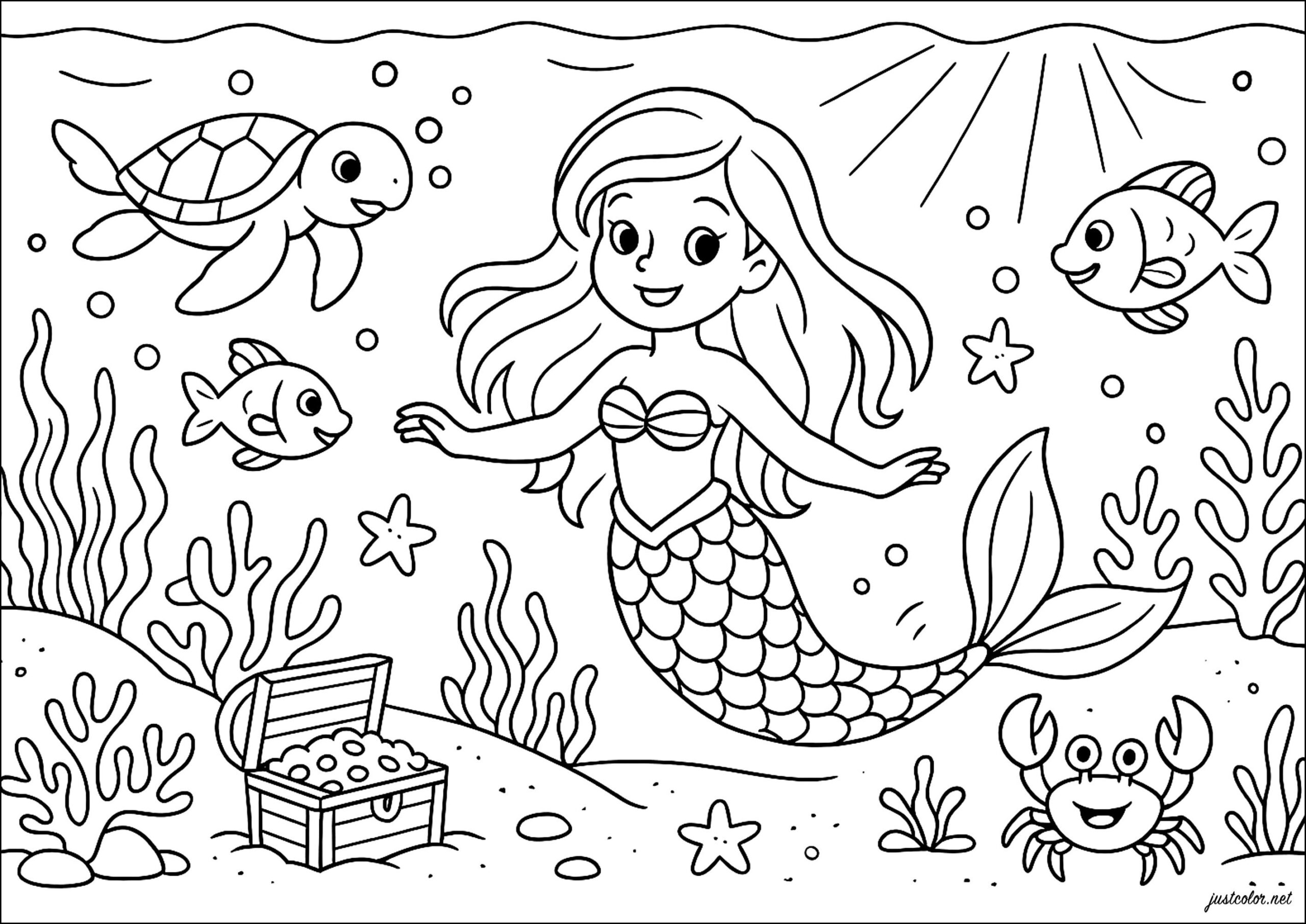 Mermaid Searching For Treasure Under The Sea Mermaid Coloring Pages