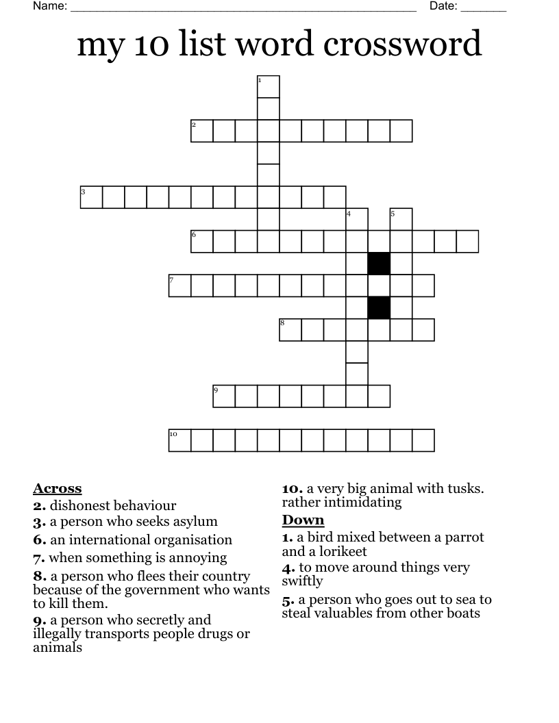 My 10 List Word Crossword WordMint