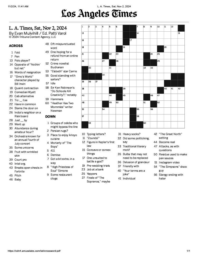New Crossword Published In The LA Times Today Saturday November 2nd 2024 Boss Words Fierce Grids And Guides From Evan Mulvihill New Crossword Published In The LA Times Today Saturday November 2nd 2024 Boss Words Fierce Grids And Guides From Evan Mulvihill