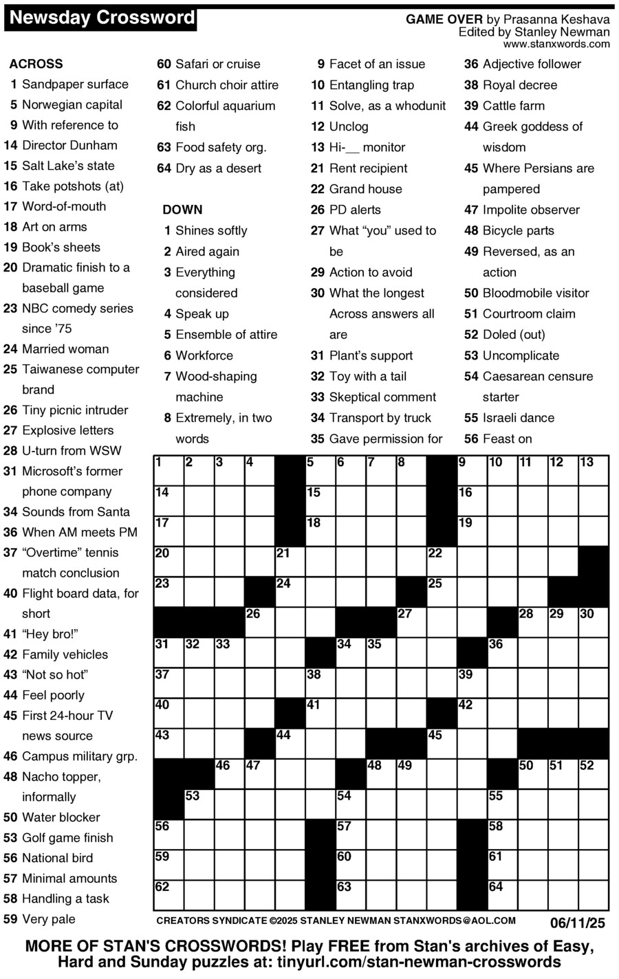 Newsday Crossword Puzzle For Jun 11 2025 By Stanley Newman Creators Syndicate