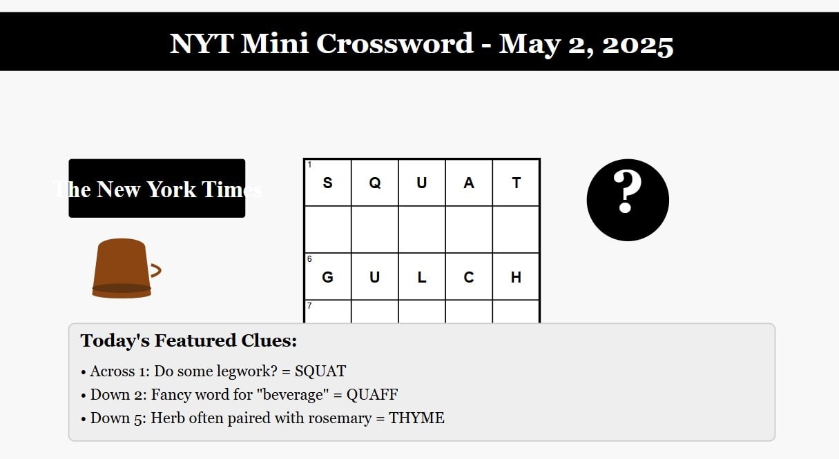 NYT Mini Crossword Puzzle Answers For May 2 2025 Your Daily Brain Boost H2S Media NYT Mini Crossword Puzzle Answers For May 2 2025 Your Daily Brain Boost H2S Media