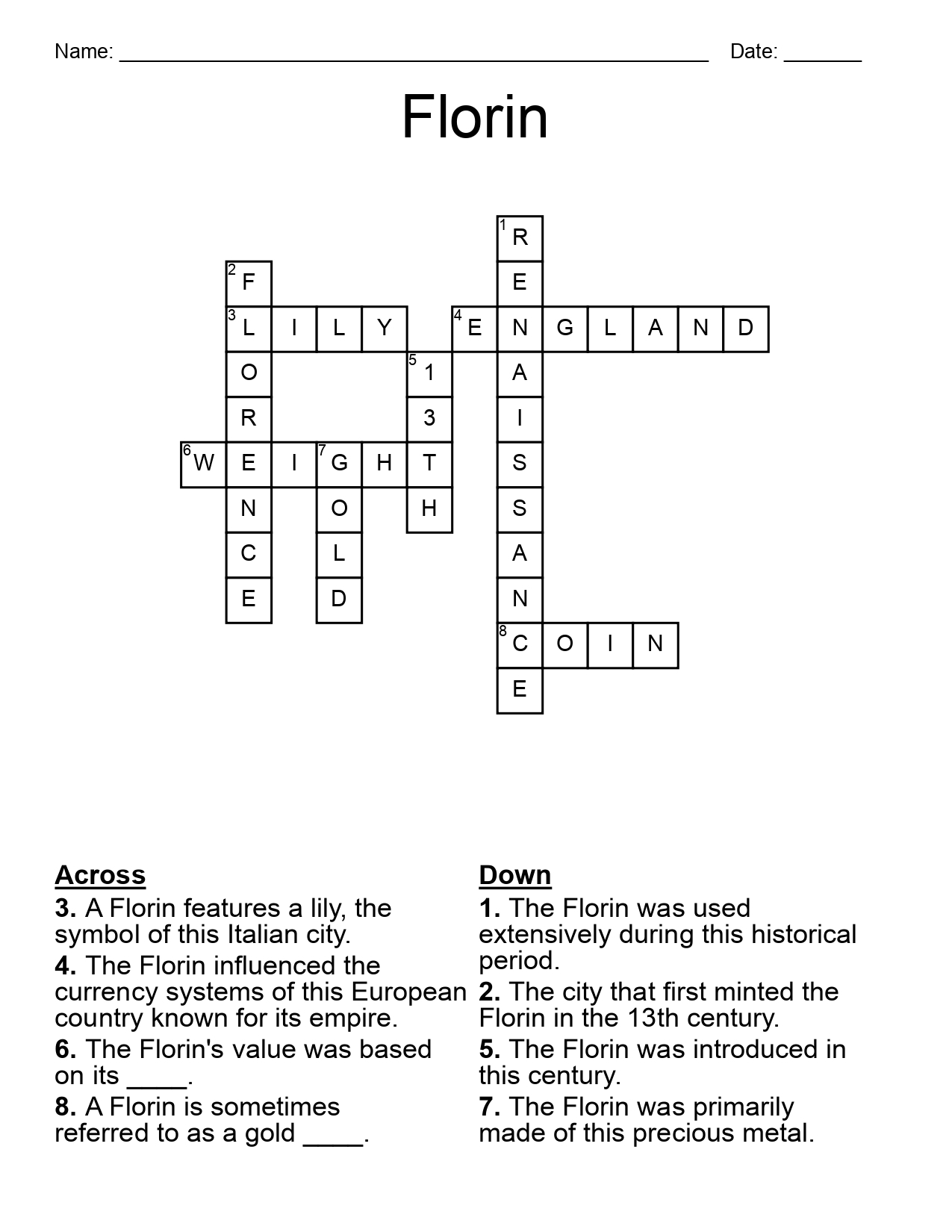 Old Gold Coin Crossword Puzzle Florin Study Prints