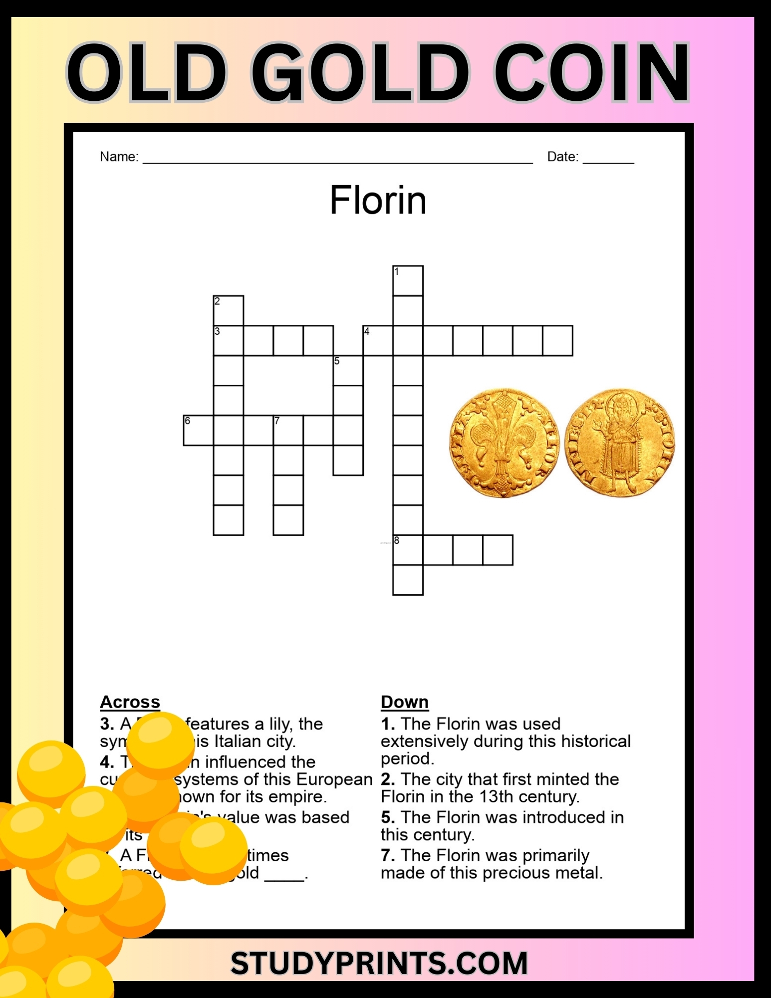 Old Gold Coin Crossword Puzzle Florin Study Prints