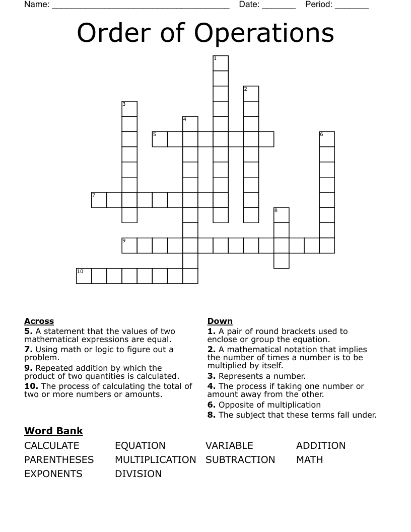 Order Of Operations Crossword WordMint