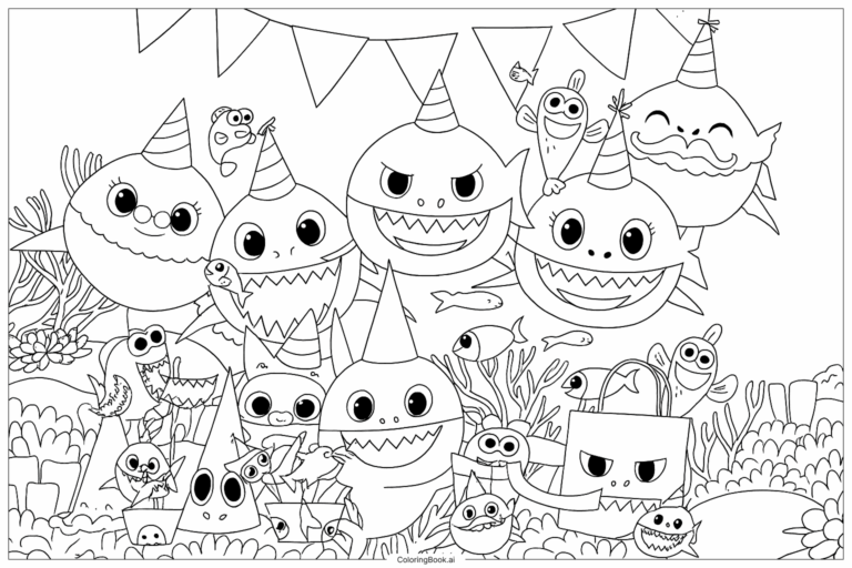 Pinkfong Baby Shark Happy Party Coloring Page Free PDF PNG Printable 