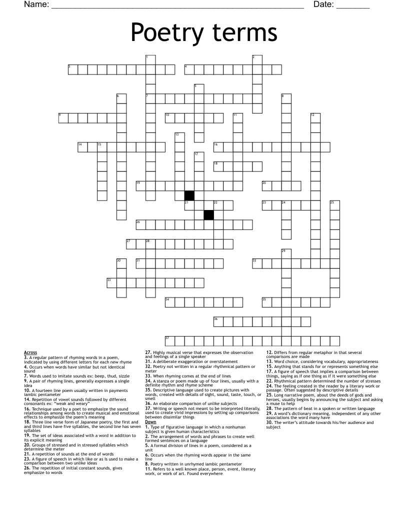 Poetry Terms Crossword WordMint