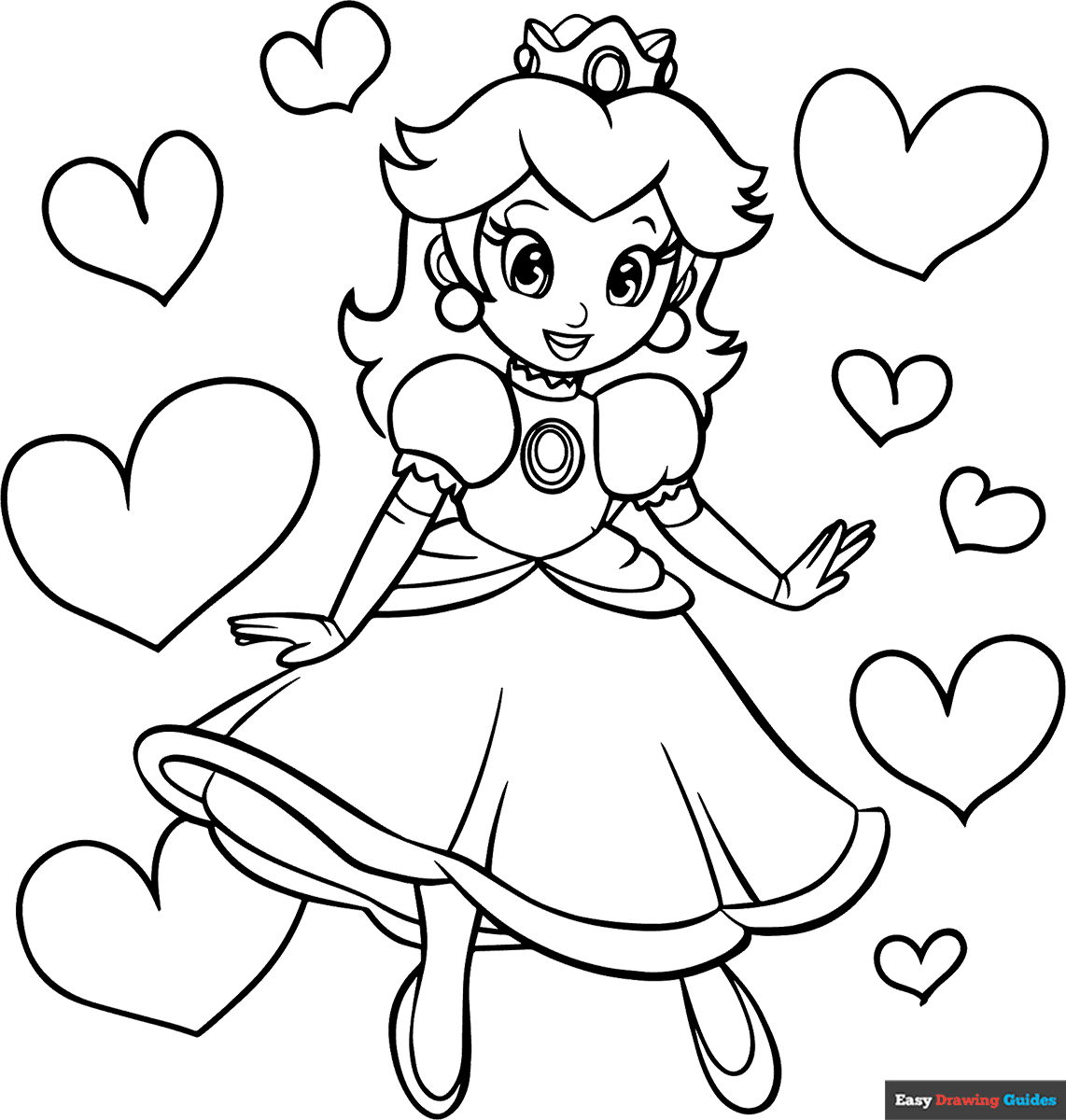 Princess Peach With Hearts Coloring Page Easy Drawing Guides
