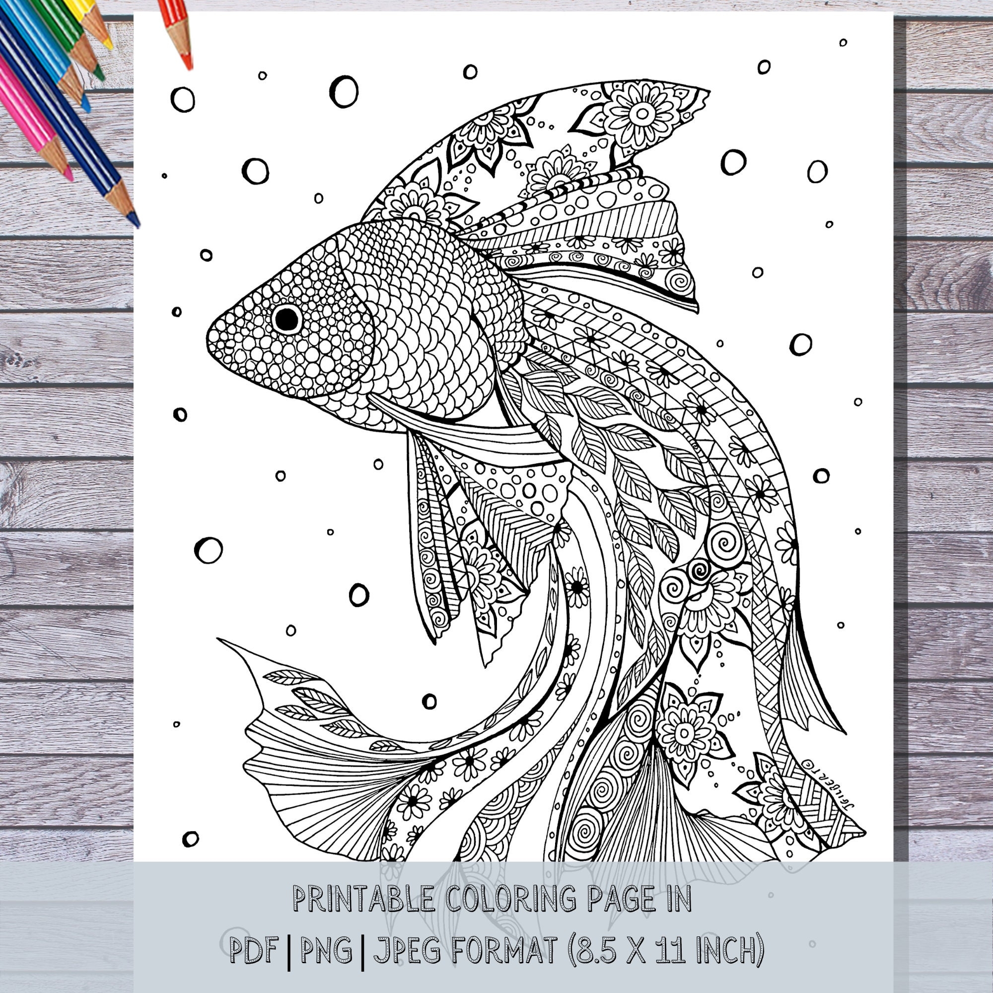 Printable Fish Coloring Page Instant Digital PDF Download Hand Illustrated Coloring Sheets Etsy