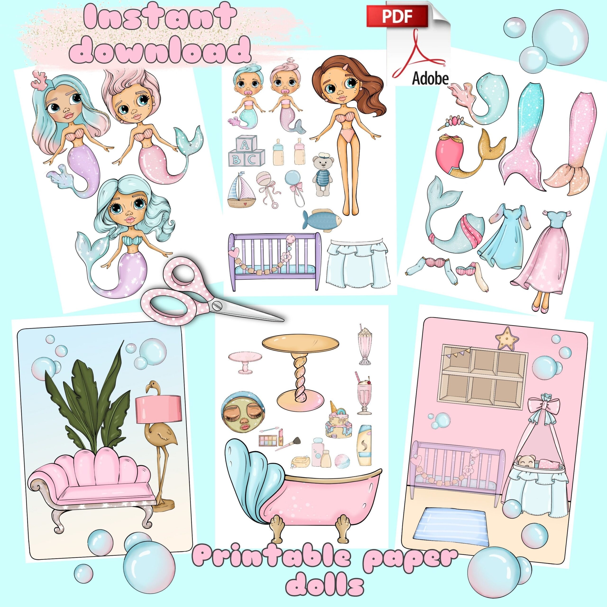 Printable Paper Doll Blythe Mermaid With Clothes Digital PDF Instant Download Dress Up Cut Out Doll Girly Busy Book Activity Girls Game Etsy