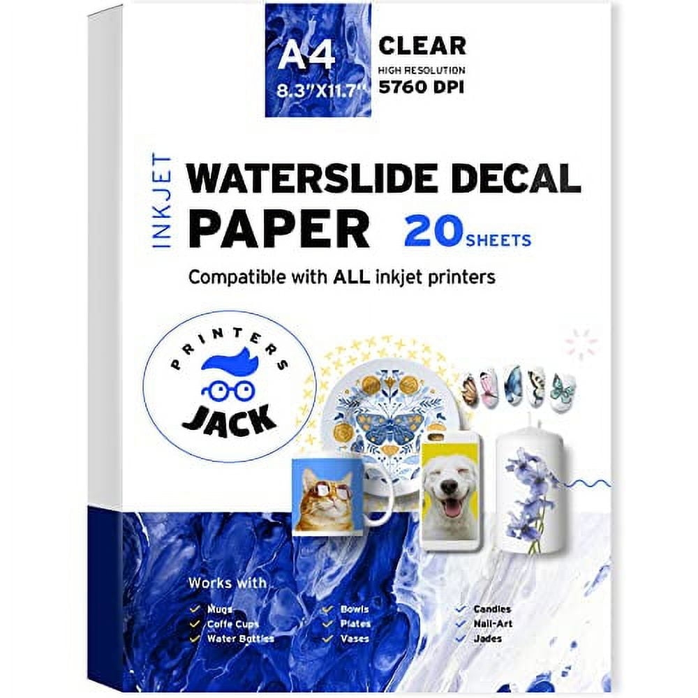 Printers Jack Water Slide Decal Paper Inkjet WHITE 20 Sheets A4 Size Premium Water Slide Transfer Paper Printable Water Slide Decals For Tumblers Mugs Glasses DIY Walmart