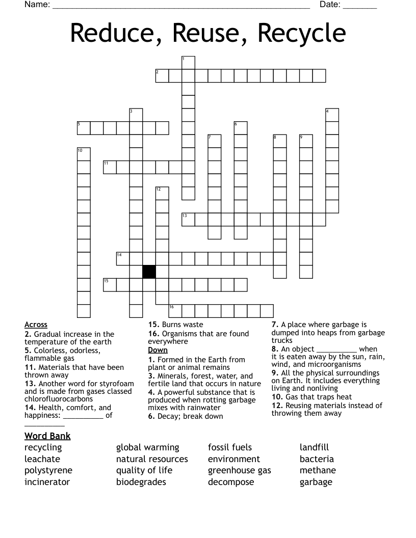 Reduce Reuse Recycle Crossword WordMint