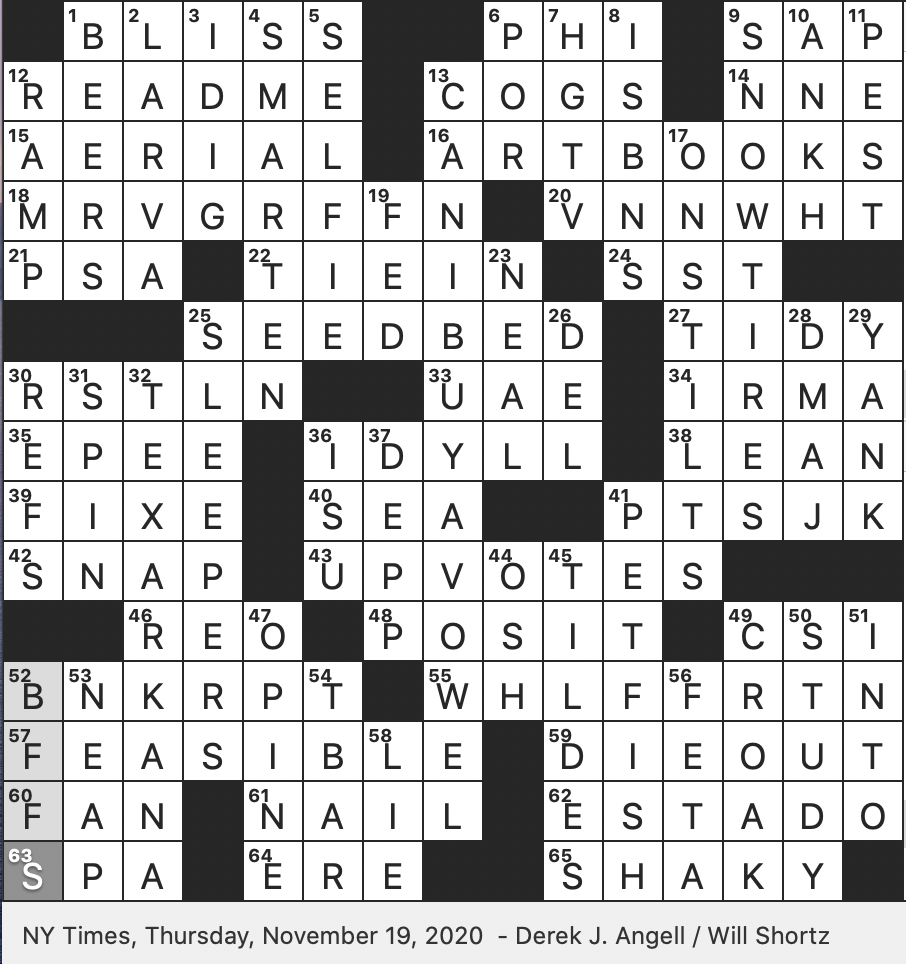 Rex Parker Does The NYT Crossword Puzzle It Debuted On 1 6 1975 THU 11 19 20 Peaceful Rustic Scene Long running TV Series Set In Las Vegas ADA Compliance Option Noted