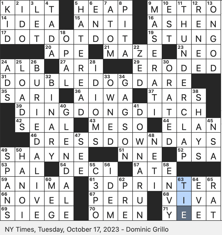 Rex Parker Does The NYT Crossword Puzzle Throw Forcefully In Modern Parlance TUE 10 17 23 Daniel Who Led A 1786 87 Rebellion 11 time Sci fi Role For Anthony Daniels My Word