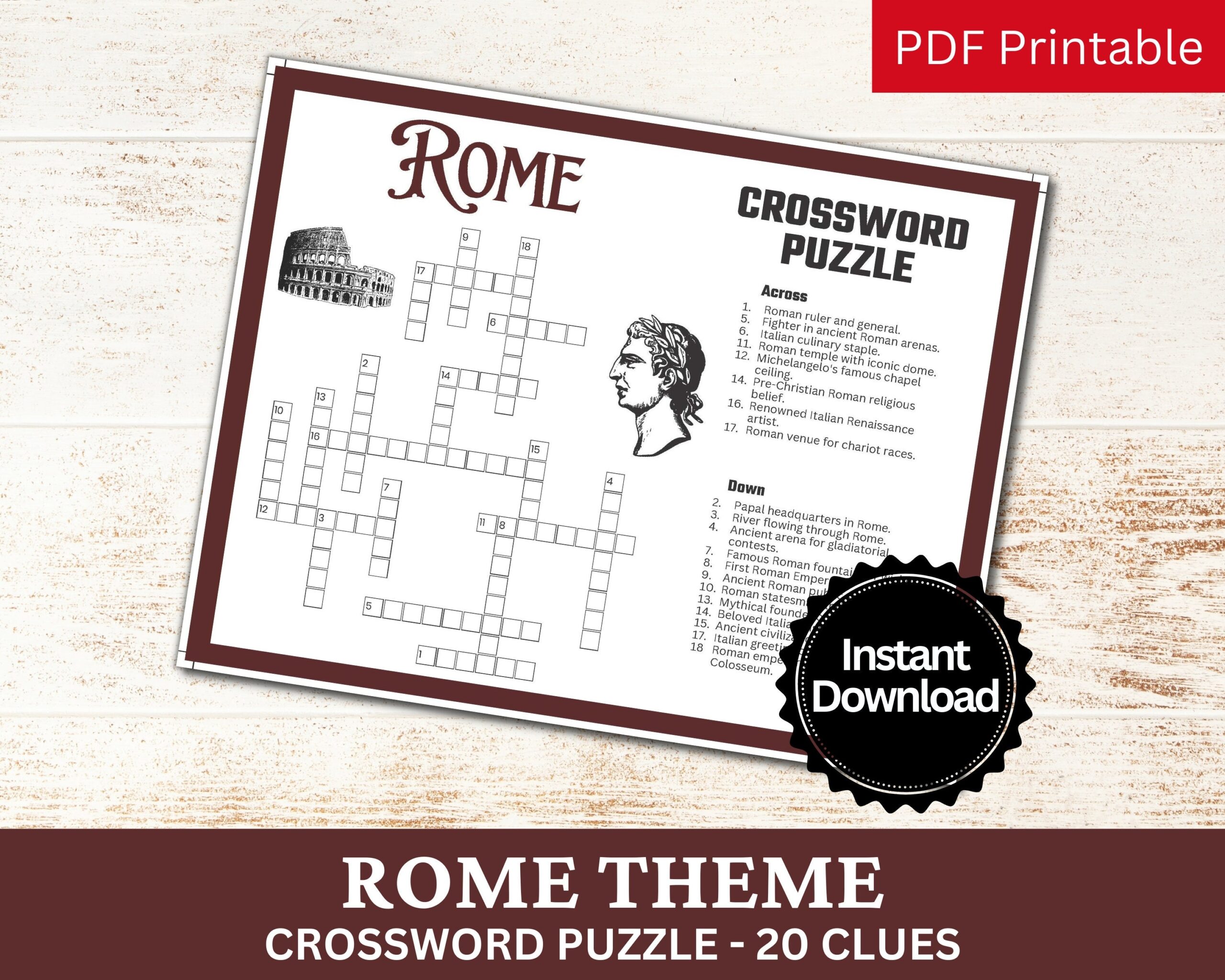 Rome Crossword Puzzle Printable Game Fun Travel Club Theme Birthday Activity Italy Country Traveler Party City Gathering Word Game PDF Etsy